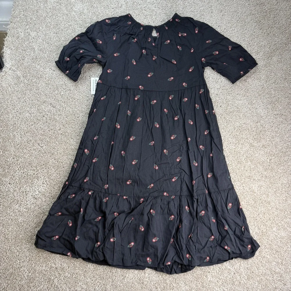 Old Navy Dress Girls XL 14-16 Black Floral Midi Puff Sleeve Ruffle Hem Casual